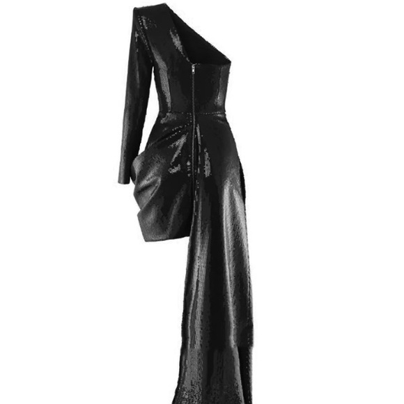 NWOT Black Asymmetric Hem Sequinned Evening Dress Gown - Picture 3 of 3